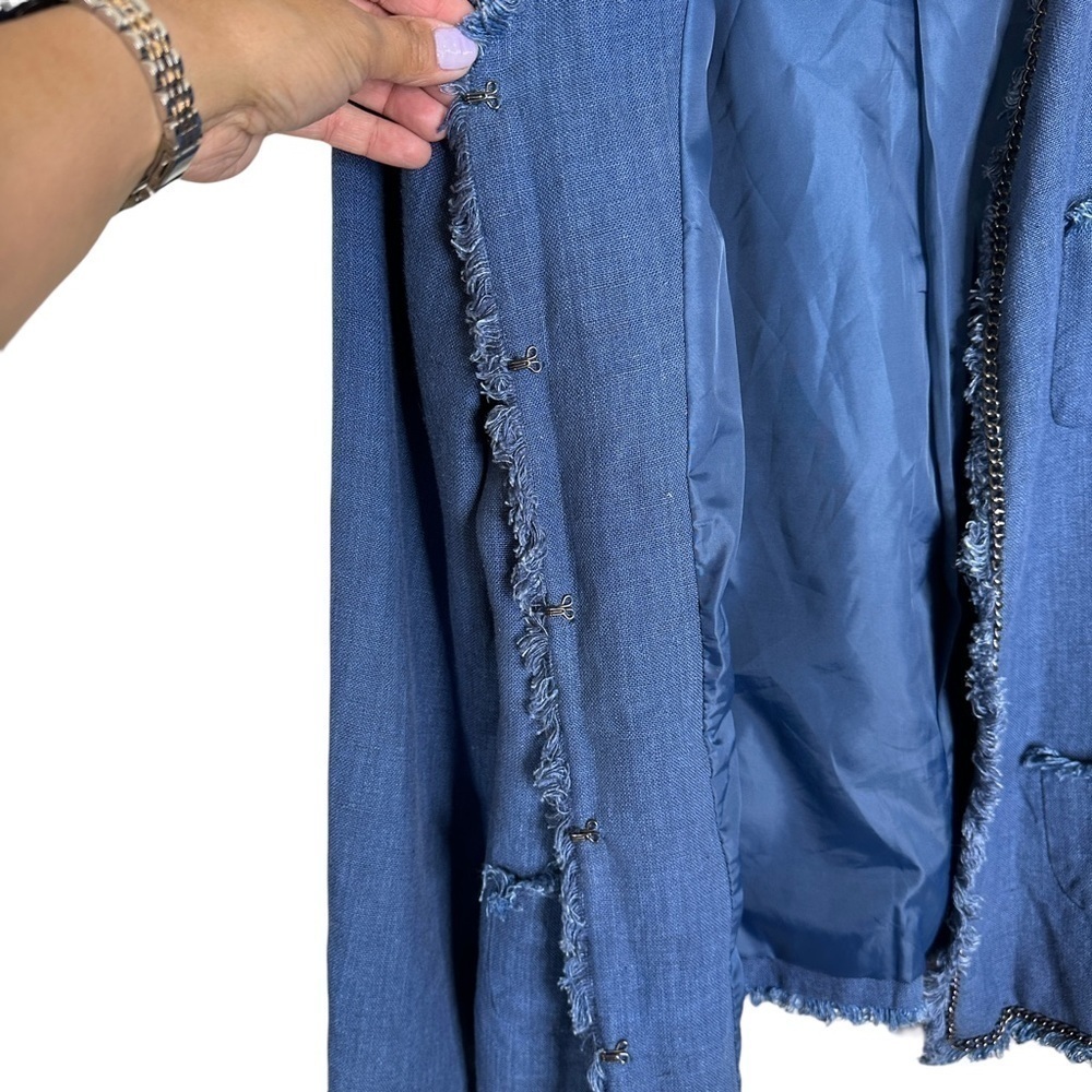 SOFT Surroundings Blue Linen Chain and Raw Fringe Hem Jacket Women’s Size Small - Picture 7 of 13